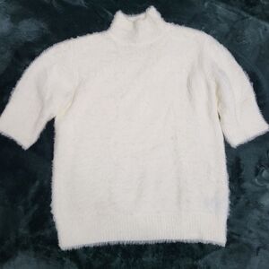 Marled Cream Fuzzy Short-Sleeve Turtleneck Sweater